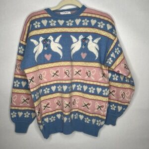 Vintage Susan Bristol‎ Doves Sweater Puff Sleeves Granny  Bows Hearts M 38 Wool